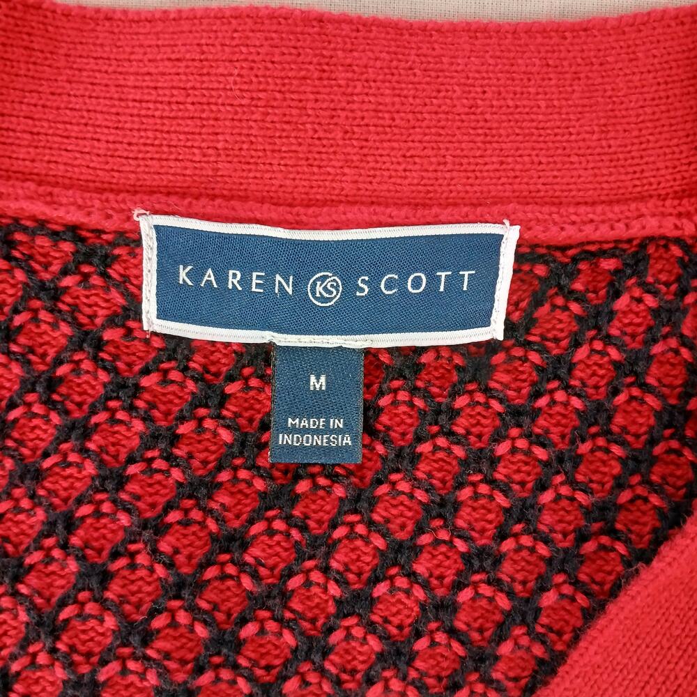 Karen Scott Red & Black Puff Knit Henley Sweater M silver metal clasps V-neck LS - Picture 8 of 16